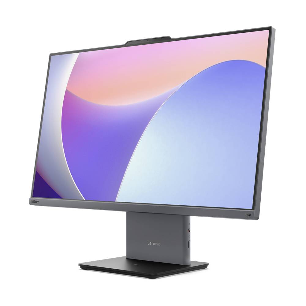 Ein moderner Computer-Monitor mit dünnem Rahmen auf einem stabilen Standfuß, zeigt ein farbenfrohes, abstraktes Bild.