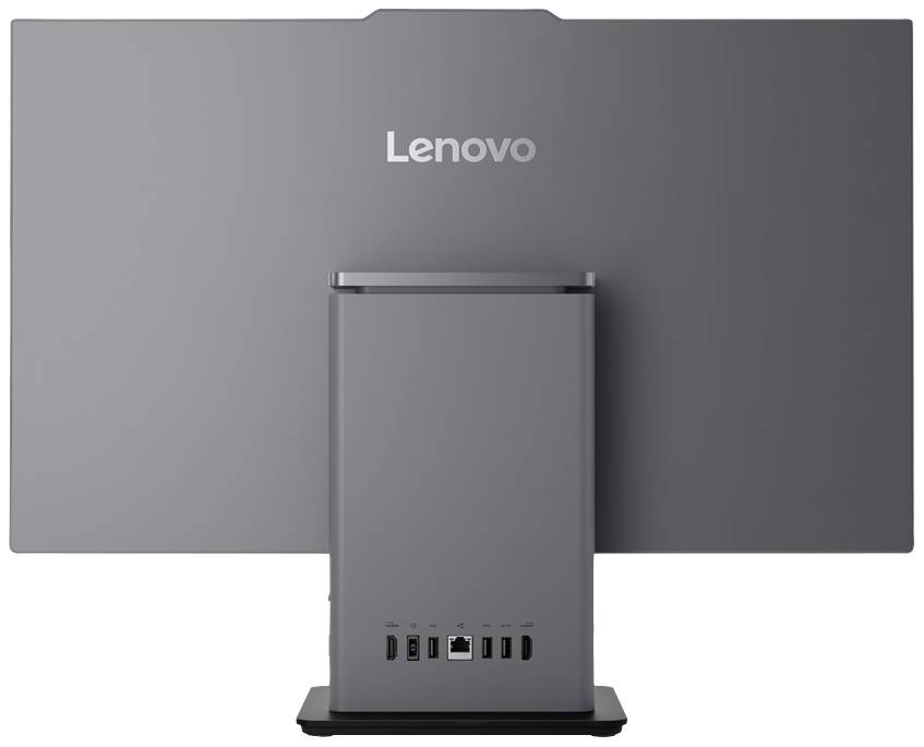 Die Rückseite eines grauen Lenovo All-in-One-Computers, mit Anschlüssen am unteren Gehäuseteil.