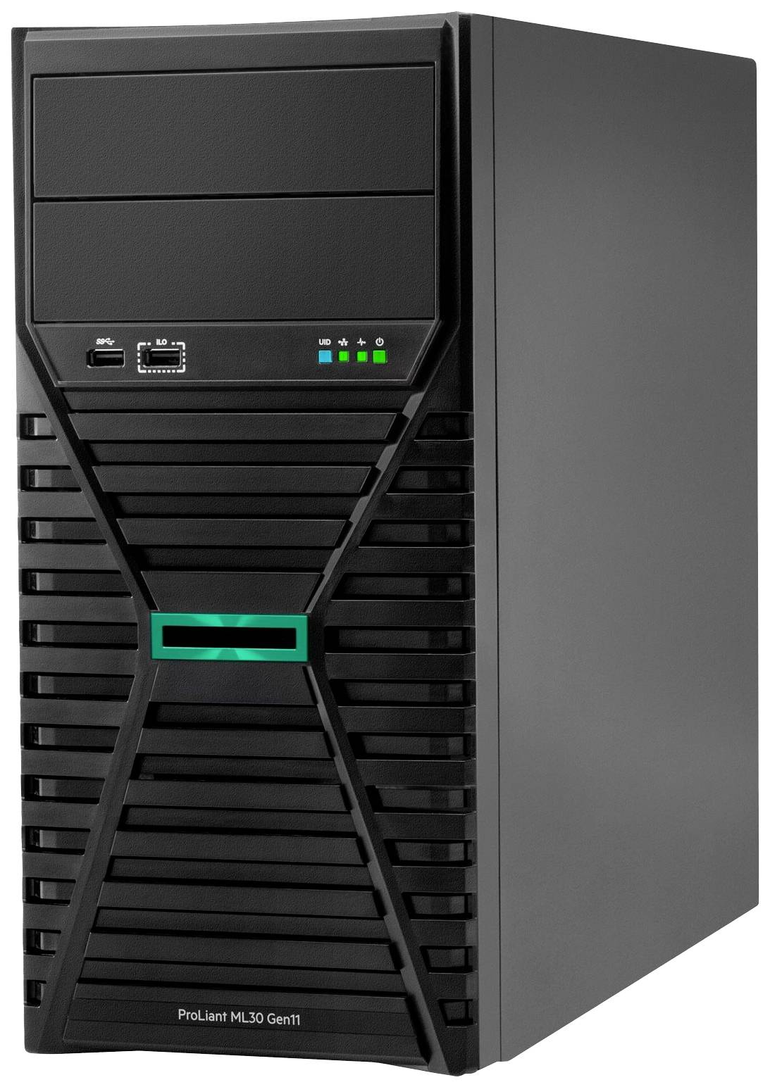 Servergehäuse in Schwarz, quer verlaufende Lüftungsschlitze, mit USB- und Audioanschlüssen vorne; Modell 'ProLiant ML30 Gen11'.