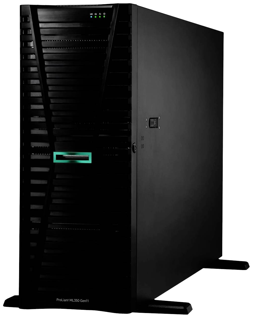 Ein großer, schwarzer Server-Turm mit leuchtenden LED-Anzeigen an der Oberseite und einer türkisfarbenen Markierung auf der Vorderseite.