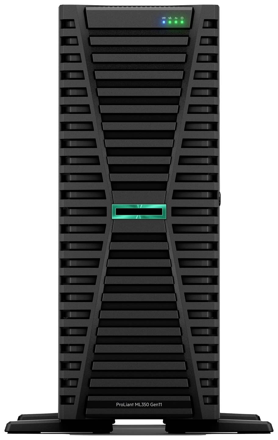 Ein schwarzer Server-Tower mit horizontalen Lüftungsschlitzen und einer grünen Leuchtanzeige oben, mit der Aufschrift 'ProLiant ML350 Gen11'.