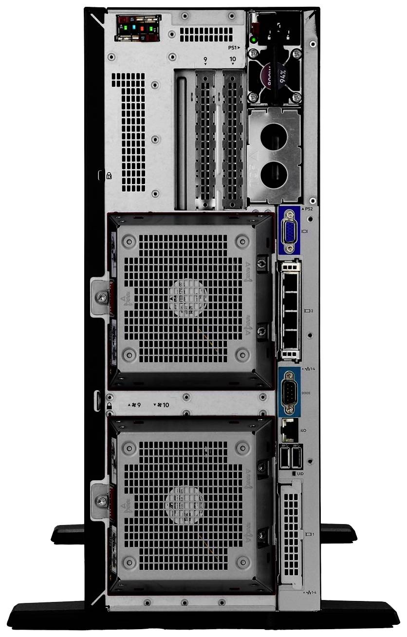 Rückansicht eines Computer-Servers mit mehreren Lüftungsgittern, Anschlüssen und Steckplätzen für erweiterbare Hardwarekomponenten.