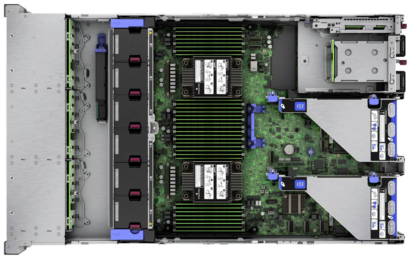 Server-Innenansicht mit mehreren Speichermodulen und zwei Lüftern. Hauptplatine zeigt Schaltkreise und Anschlüsse. Konfiguration sichtbar.