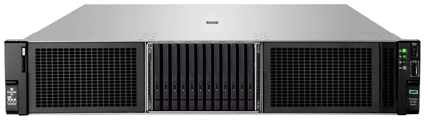 Ein Rack-Mounted-Server mit mehreren Lüftungsschlitzen und 16 Hot-Swap-Festplattenschächten an der Vorderseite.