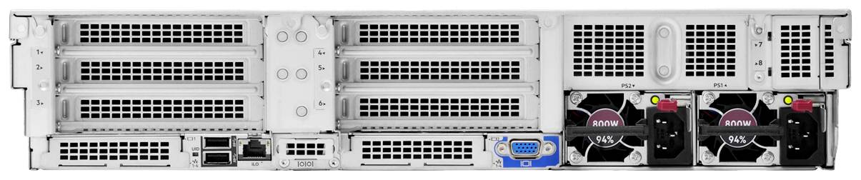 Rückansicht eines Servers mit mehreren Belüftungsöffnungen, Netzwerkanschlüssen und zwei Lüftern auf der rechten Seite.