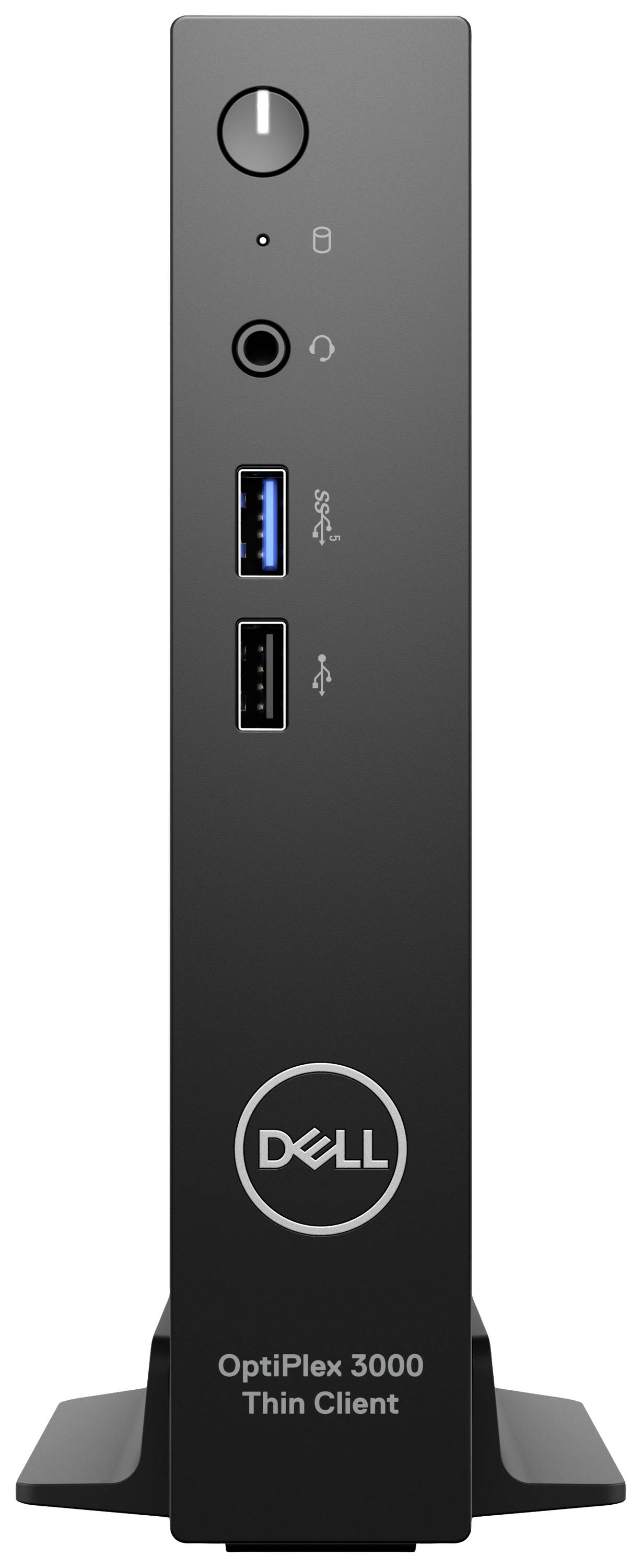 Ein schwarzer Dell OptiPlex 3000 Thin Client, stehend aufrecht. Frontansicht zeigt Anschlüsse: USB-Ports, Audiobuchse und Power-Taste.