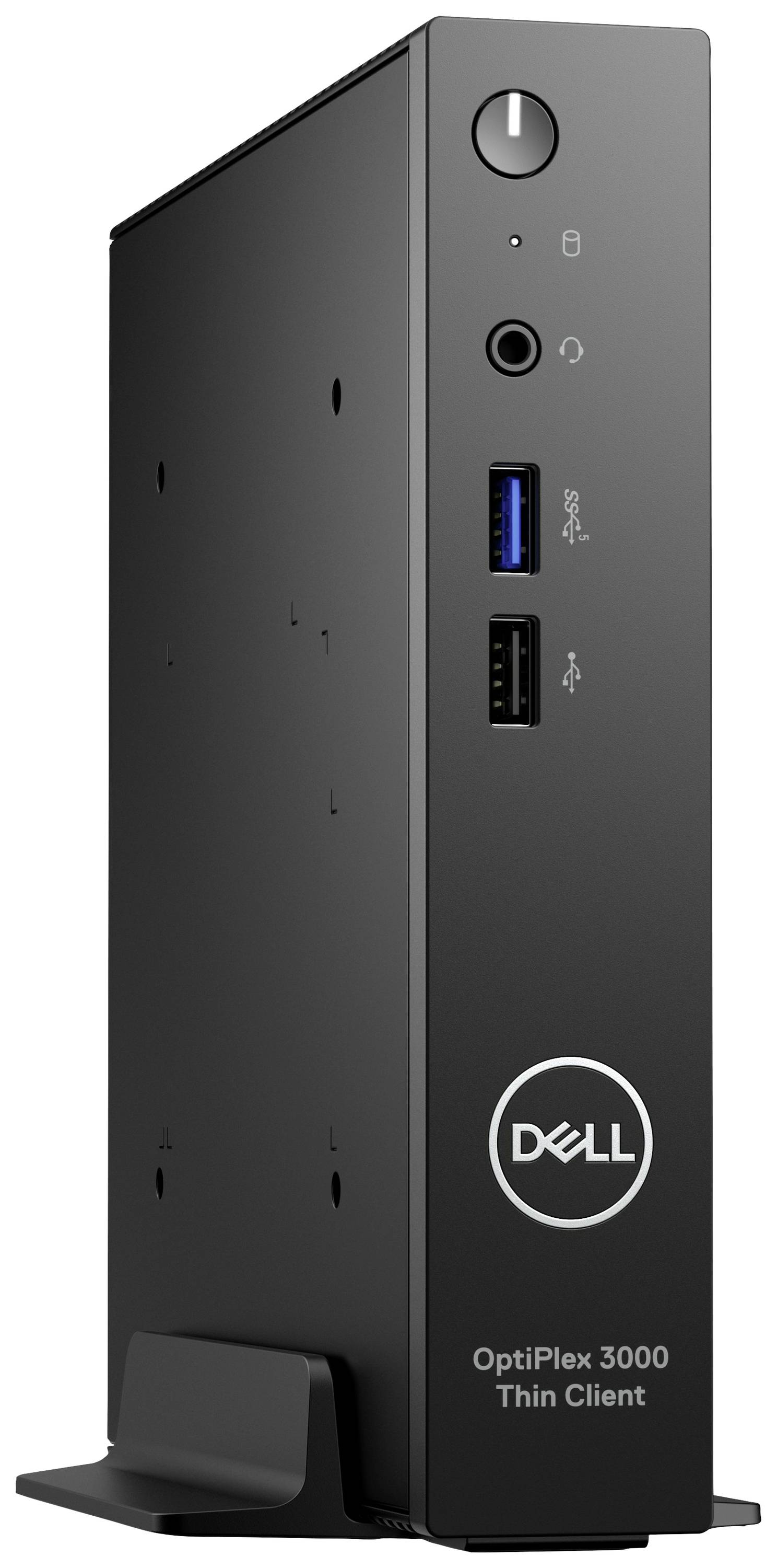 Ein schwarzer Dell OptiPlex 3000 Thin Client steht vertikal auf einem Ständer. Auf der Vorderseite sind Anschlüsse sichtbar.