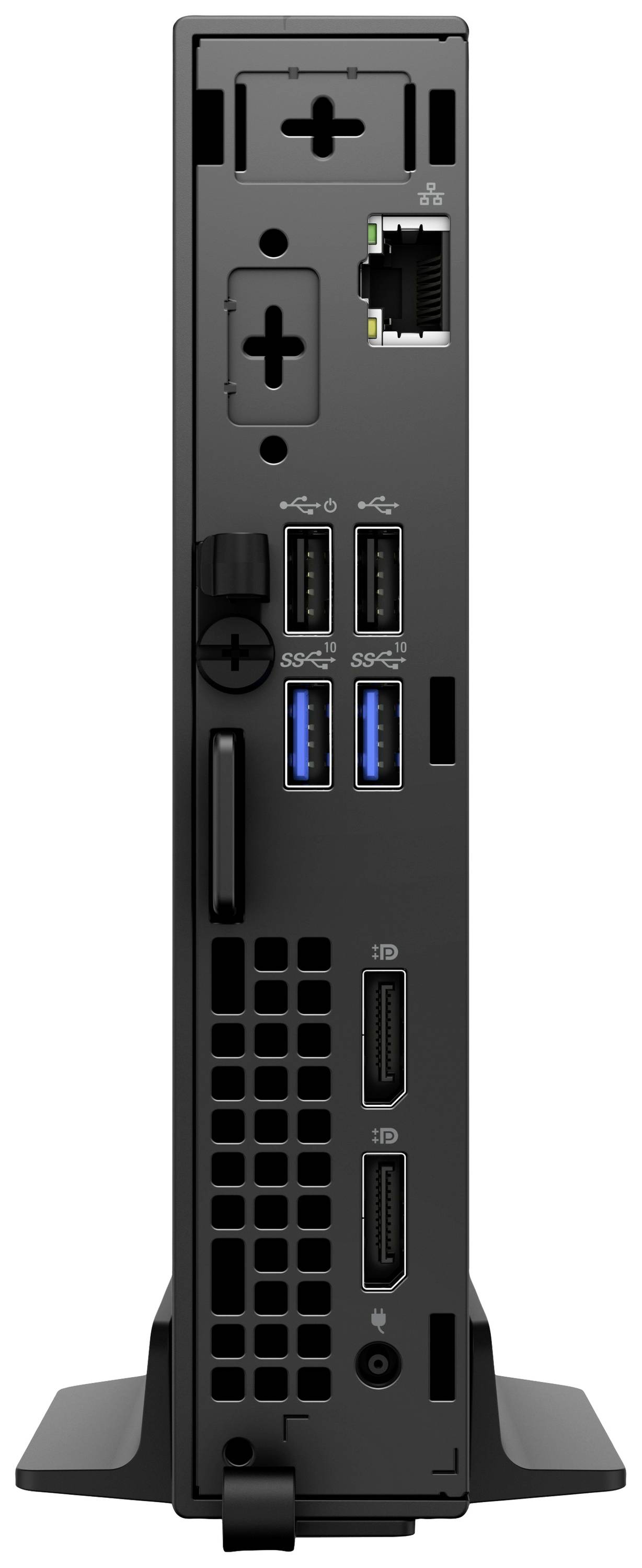 Rückansicht eines schwarzen Computer-Towers mit verschiedenen Anschlüssen und Lüftungsschlitzen. Ethernet- und USB-Anschlüsse sind sichtbar.