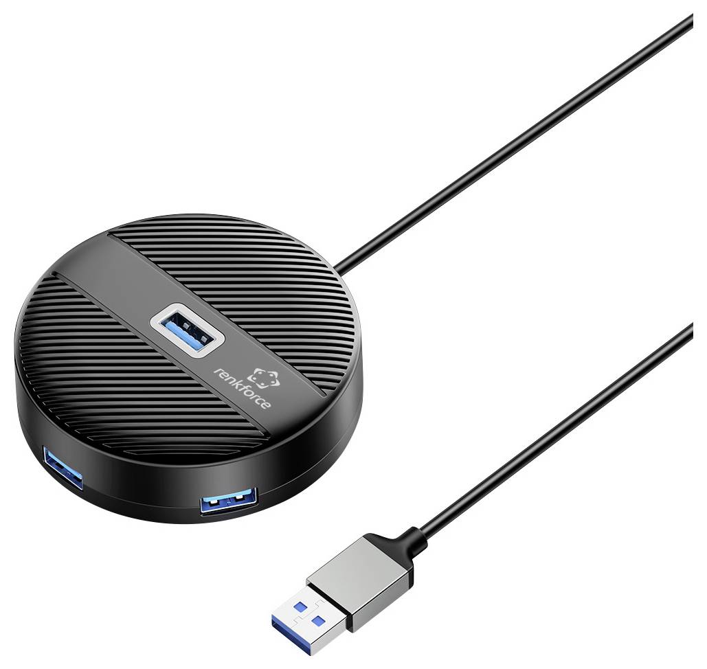 Schwarzer, runder USB-Hub mit drei blauen USB-Anschlüssen, verbunden über ein Kabel.