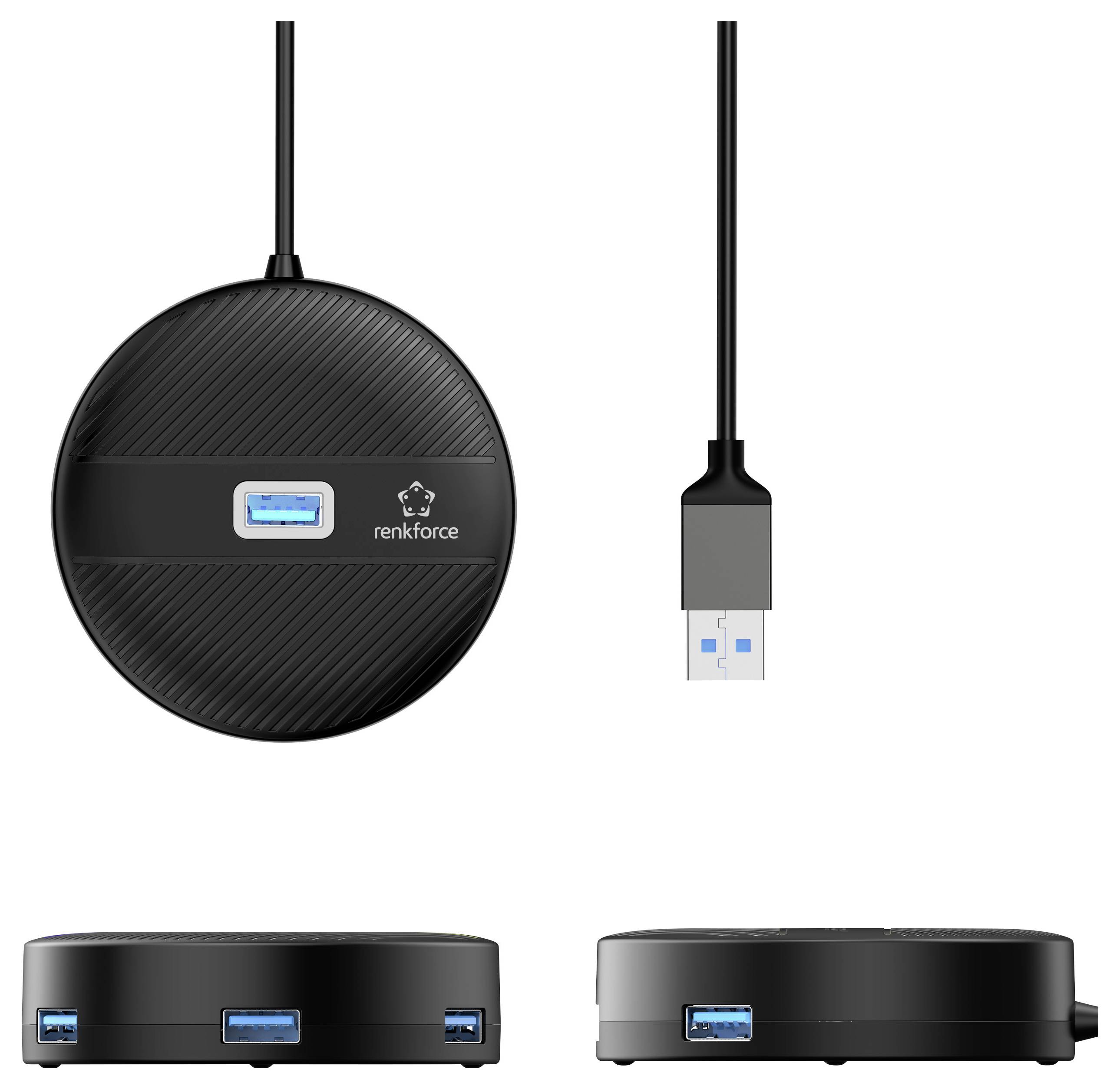 Runder USB-Hub von renkforce mit mehreren Anschlüssen für USB-Geräte. Zeigt Frontansicht und Seitenansicht des Hubs. Beinhaltet Kabel.