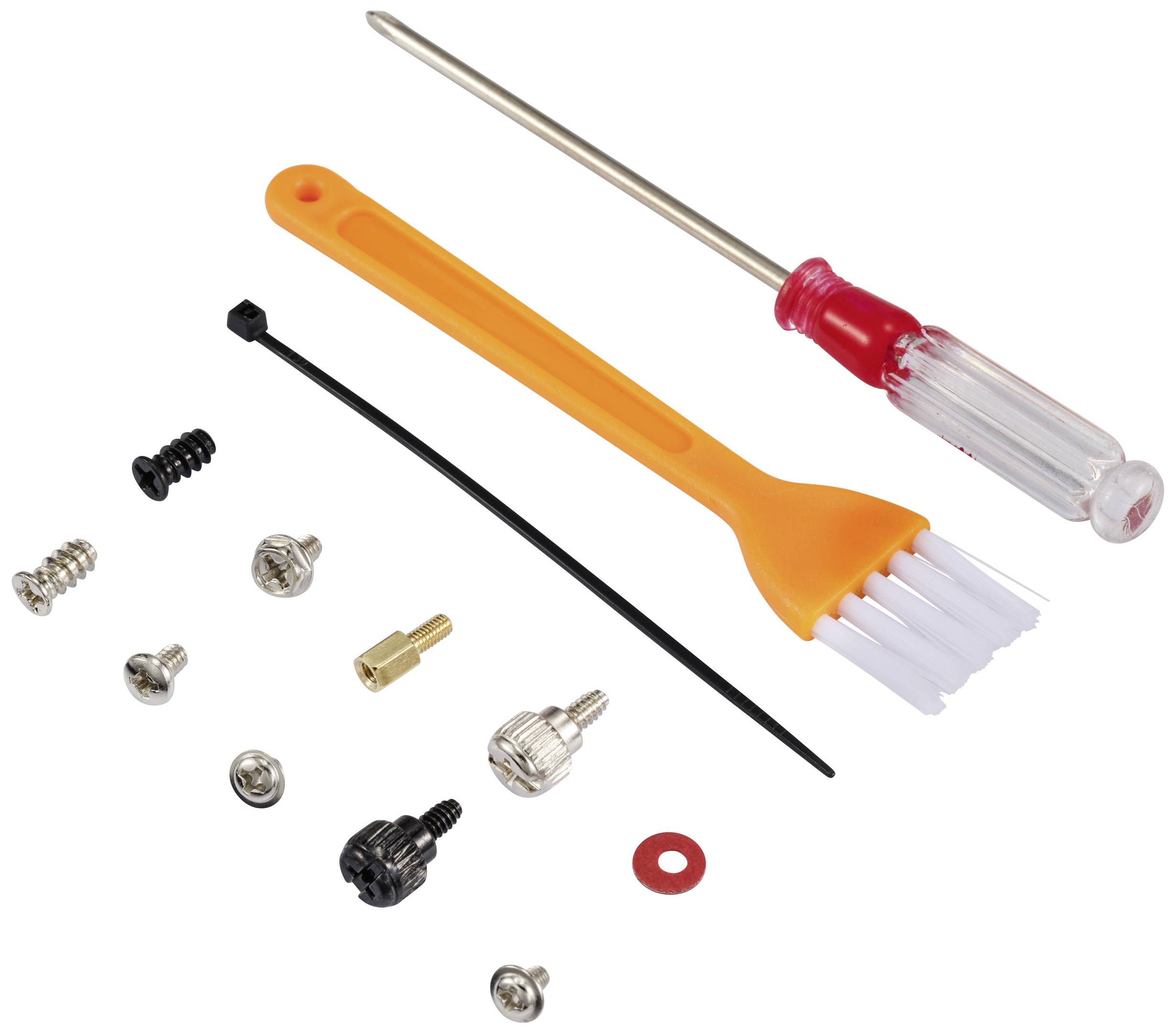 Ein Reinigungsset für Kaffeevollautomaten mit Bürste, Schraubenzieher, Kabelbinder und verschiedenen Schrauben und Düsen.