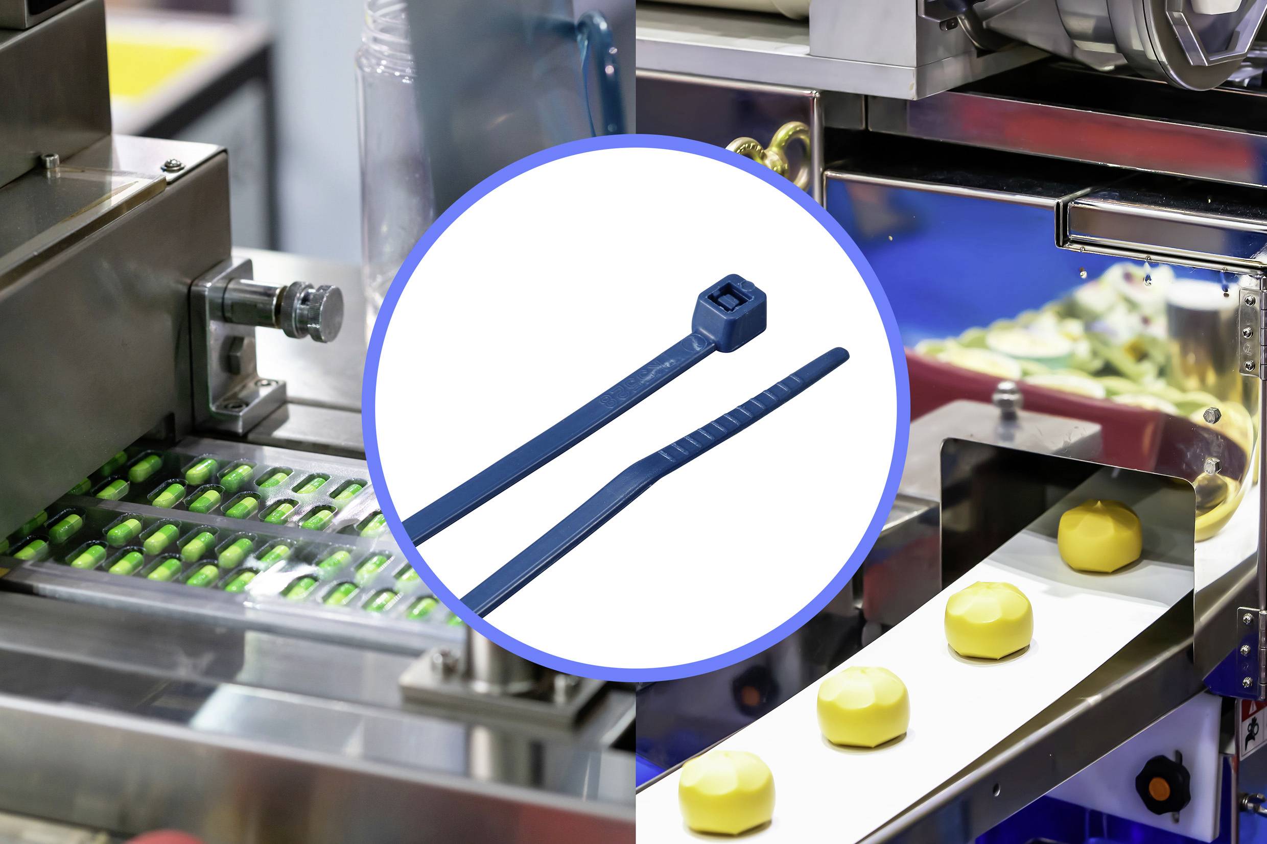 In der Mitte des Bildes sind Kabelbinder abgebildet. Links und rechts sind Verpackungsmaschinen mit grünen Tabletten und gelben Produkten sichtbar.