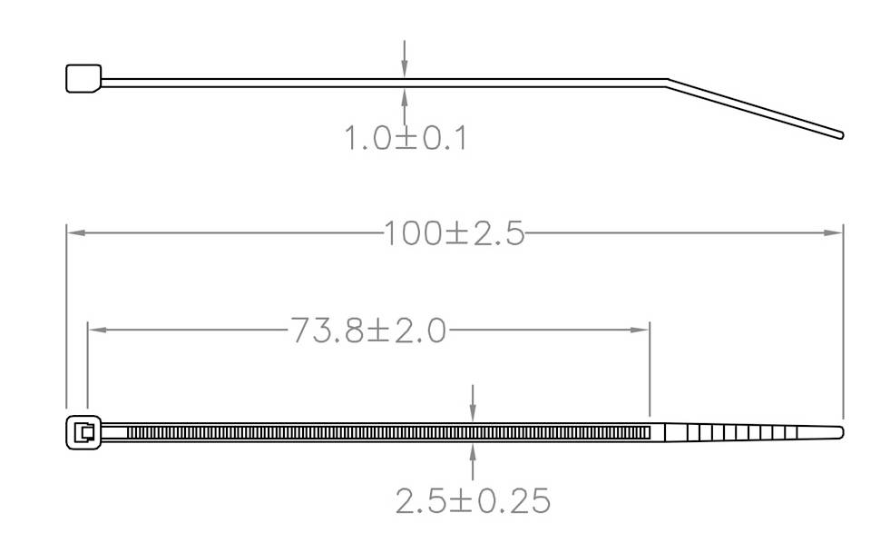 Technische Zeichnung eines Kabelbinders, zeigt Seitenansicht mit Längenangaben: 100 mm Gesamtlänge, 73,8 mm bis zum Rasterelement.