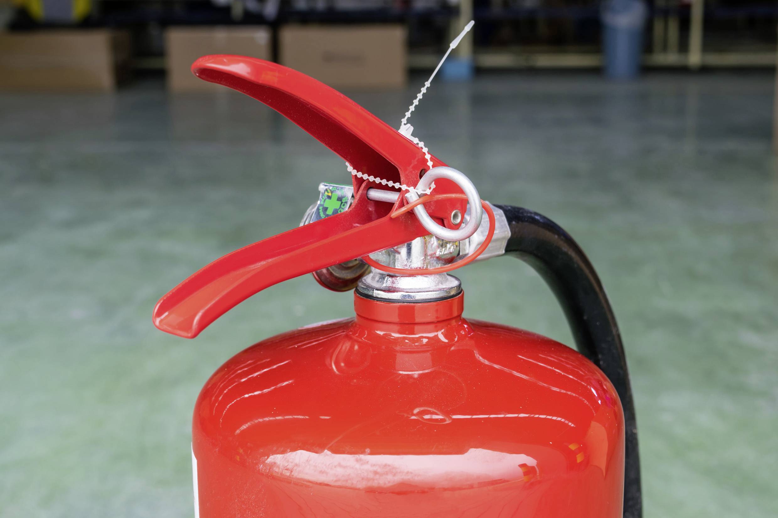 Ein roter Feuerlöscher mit gesichertem Hebel steht auf einem grünlichen Boden.
