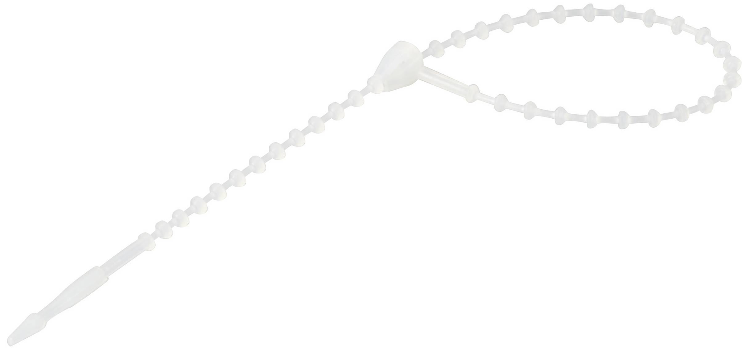 Ein weißes Plastikband mit einer Schlaufenform und mehreren kleinen, gleichmäßig verteilten Kugeln entlang der Länge.