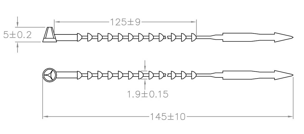 Zwei technische Zeichnungen von Schrauben mit Abmessungen: Oben 125 ± 9 mm, unten 145 ± 10 mm. Zusätzliche Maße zeigen Details.
