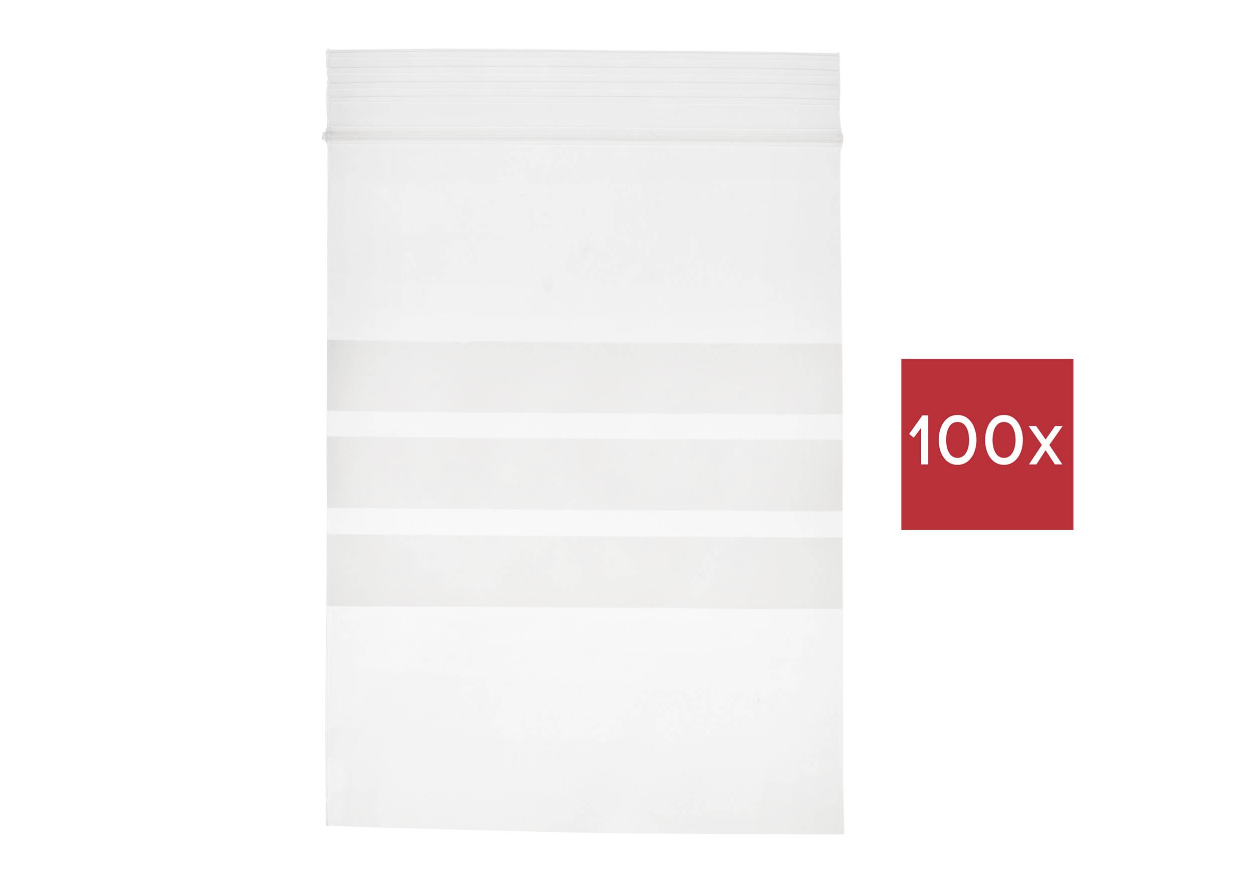 Eine transparente Zip-Beutelverpackung mit der Aufschrift '100x' daneben.
