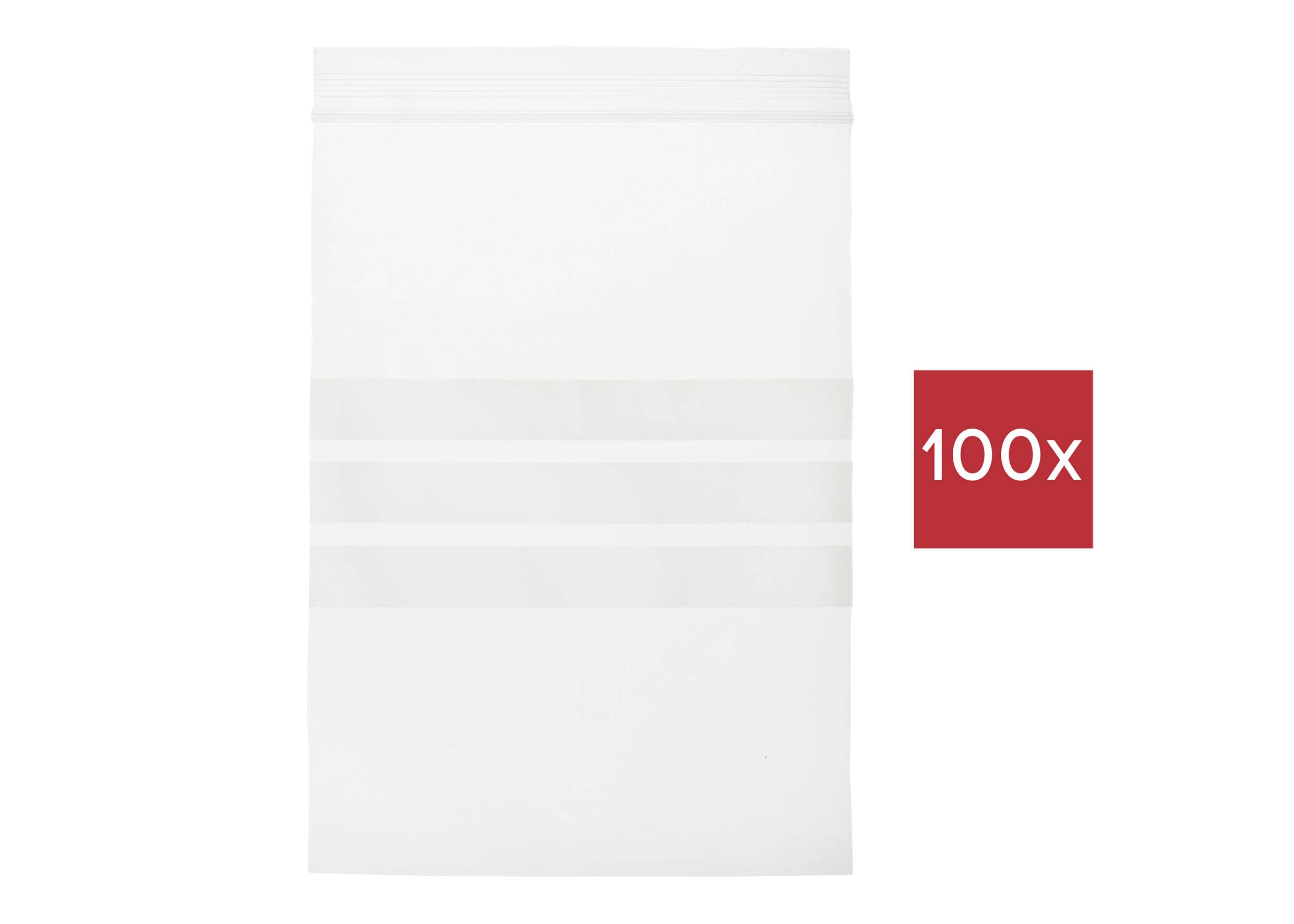 Ein weißer Plastikbeutel mit drei horizontalen Streifen; daneben ein rotes Quadrat mit der Aufschrift '100x'.