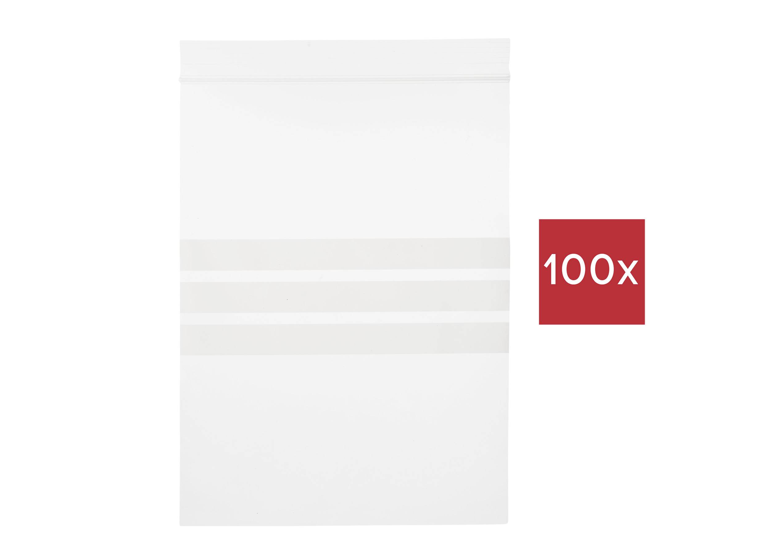Weiße Papierverpackung mit zwei horizontalen Streifen und rotem Quadrat mit '100x' darauf, was auf die Menge hinweist.