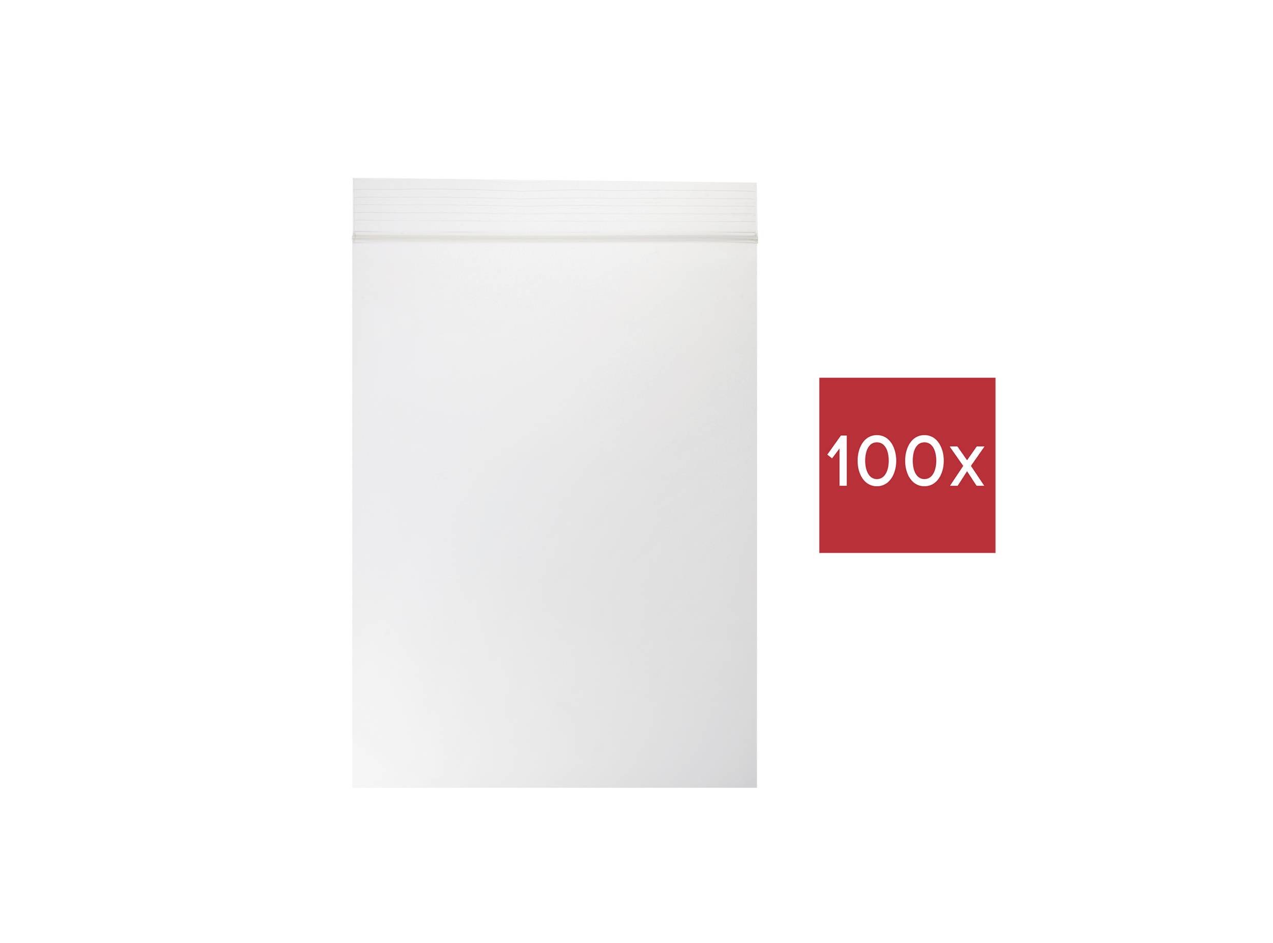 Eine weiße, undurchsichtige Plastiktüte mit wiederverschließbarem Verschluss, angezeigt als Pack von 100 Stück.