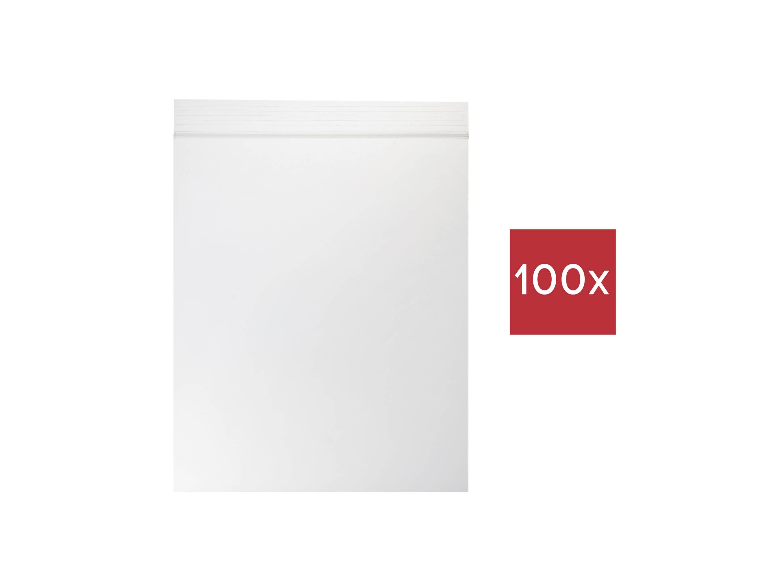 Eine leere, weiße Tafel mit einem roten Quadrat daneben. Im Quadrat steht '100x', was auf eine Vervielfachung oder Menge hinweist.