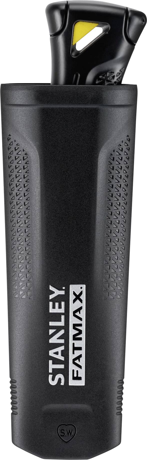 Ein längliches, schwarzes Stanley Fatmax Feuerzeug mit einem ergonomischen Griff. Es ist geeignet für den industriellen Gebrauch.