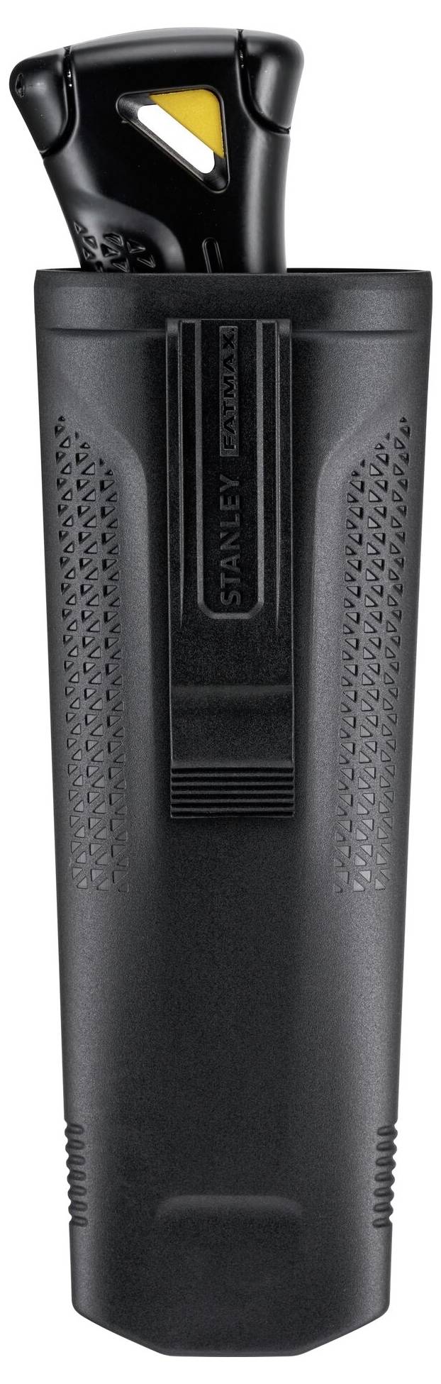 Schwarzes Stanley-Messer mit integriertem Klingenschutz, Griff teilweise sichtbar. Geeignet für sicheres Schneiden und Aufbewahren.