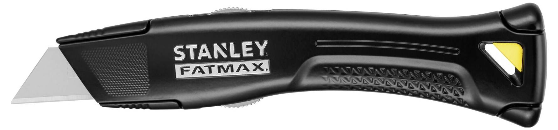 Ein schwarzes Stanley Fatmax Cutter-Messer mit ergonomischem Griff und ausgefahrener Klinge.