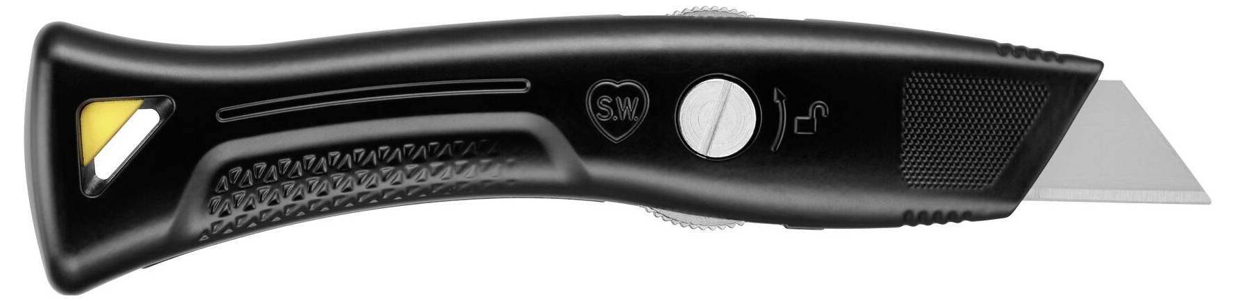 Ein schwarzer Teppichmesser mit ergonomischem Griff, Sicherheitsknopf und herausstehender Klinge, seitliche gelbe Taste sichtbar.