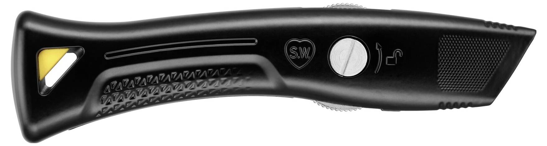 Schwarzes Sicherheitsmesser mit ergonomischem Griff, Herz-Logo, silberner Schraube und gelbem Sicherheitsschieber auf der Oberseite.