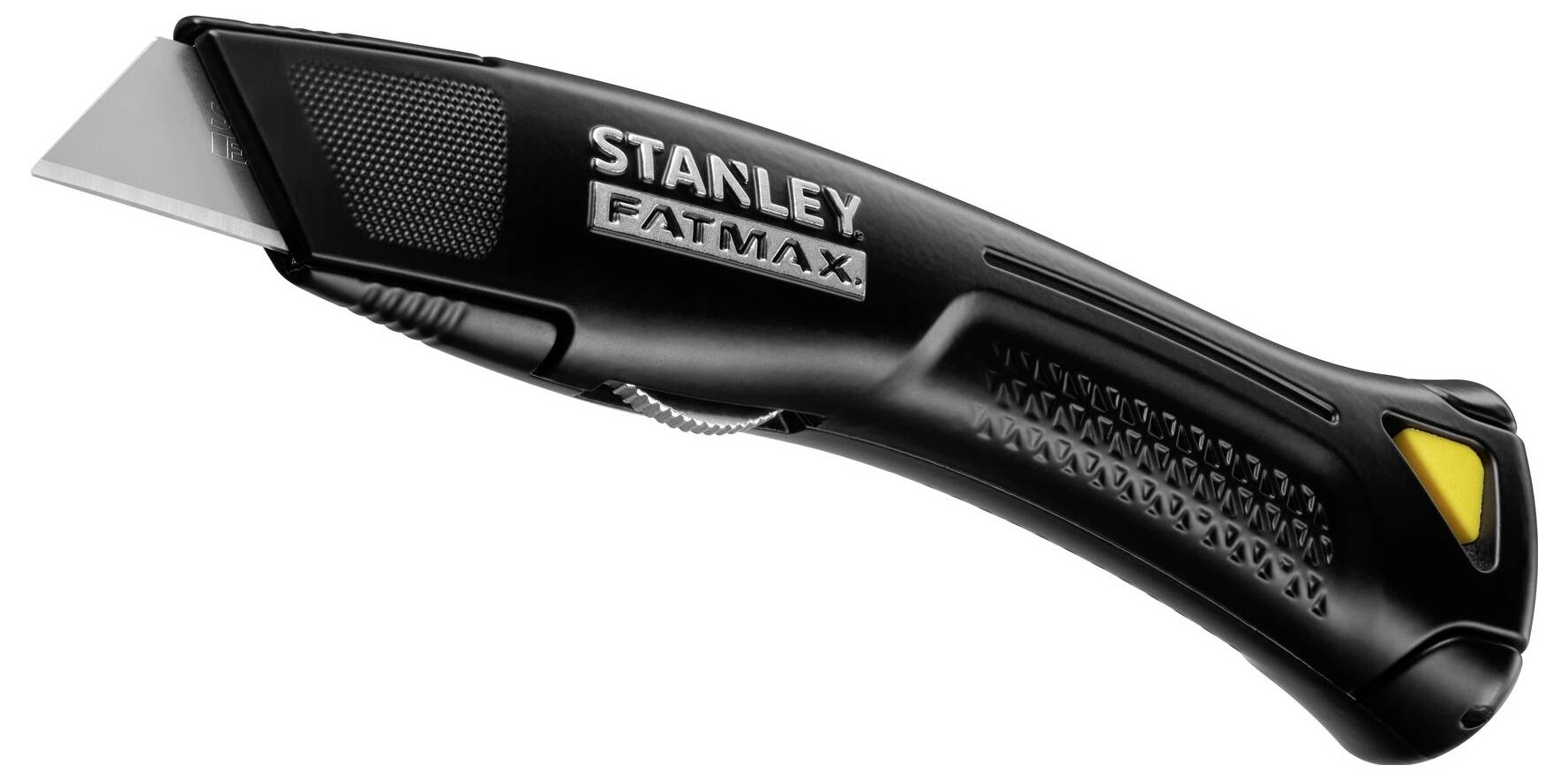 Schwarzes Bastelmesser mit grauer Stahlklinge und ergonomischem Griff. Markenname 'Stanley Fatmax' auf dem Griff sichtbar.