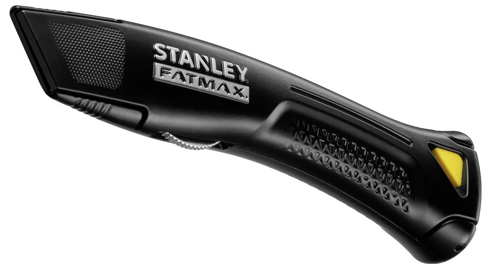 Schwarzes Stanley FatMax Universalmesser mit ergonomischem Griff und gelbem Akzent.