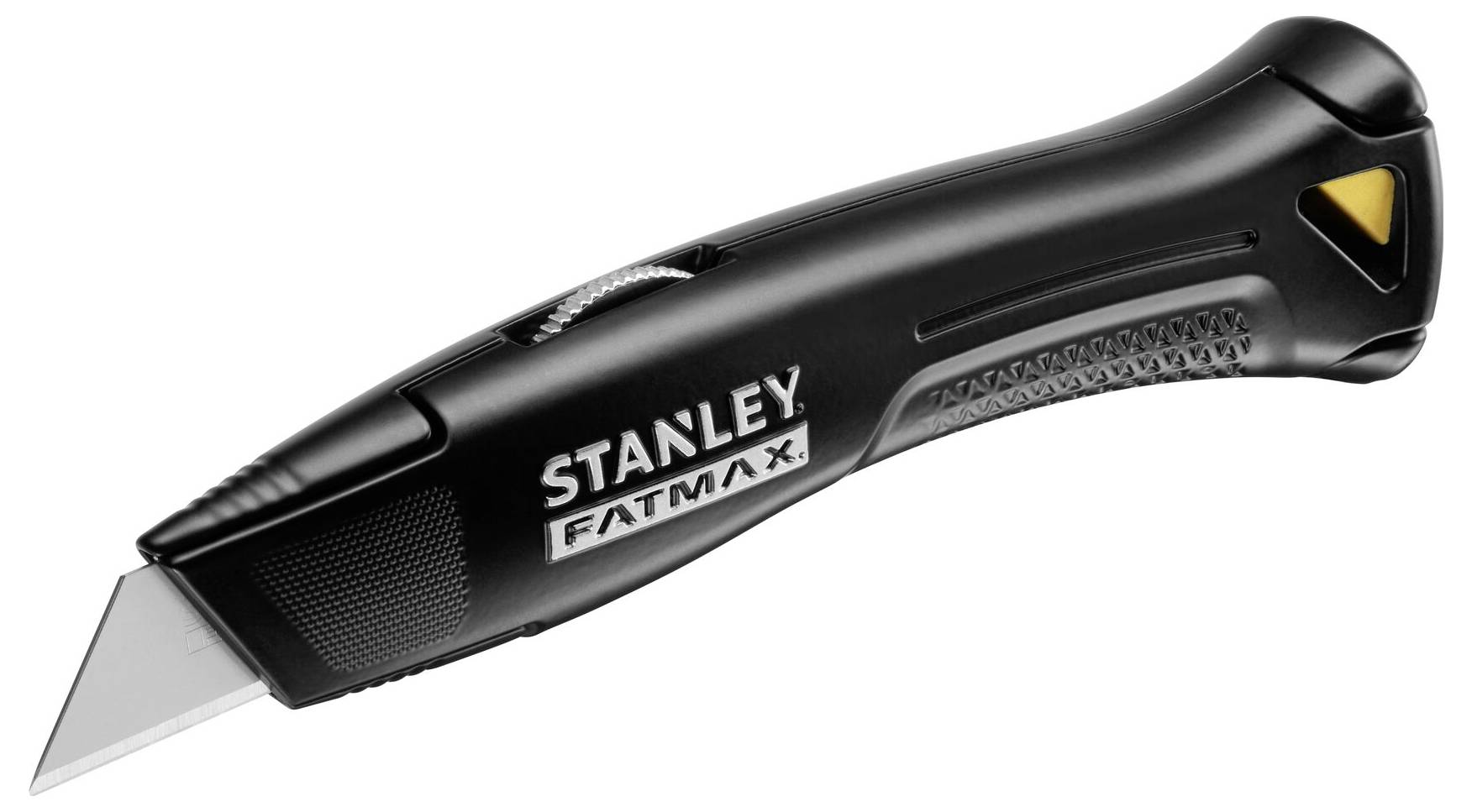 Ein schwarzes Stanley FatMax Teppichmesser mit Klinge, ergonomischem Griff und gelbem Detail, geeignet für präzise Schneidearbeiten.