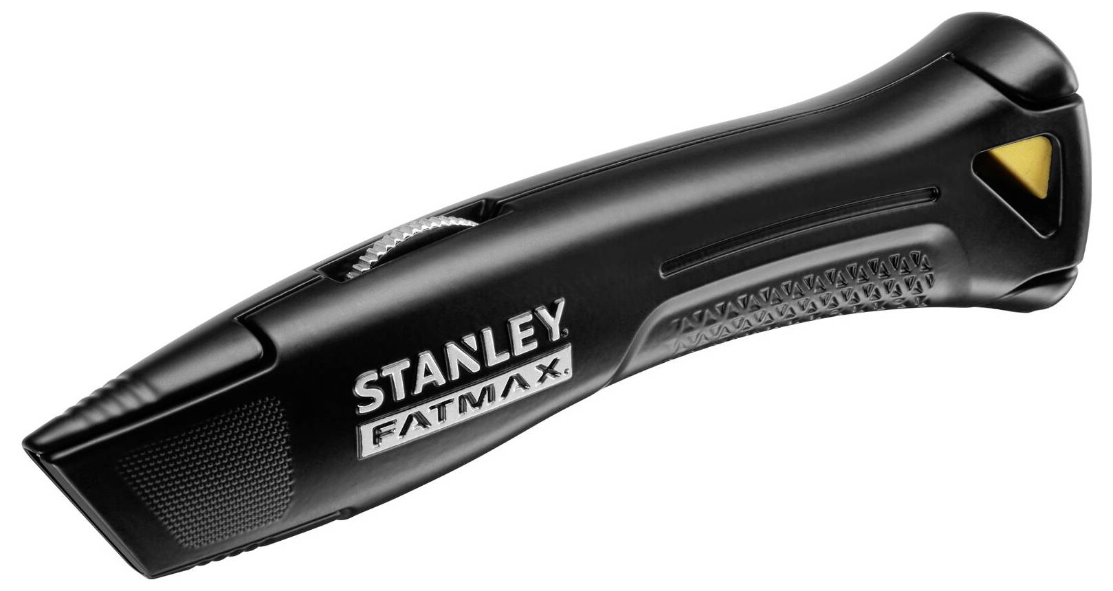 Schwarzes Cuttermesser mit Aufschrift 'Stanley FatMax', ergonomischer Griff, gelbe Sicherheitsfunktion, geeignet für präzises Schneiden.