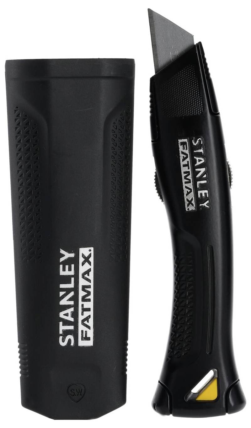 Schwarzer Stanley Fatmax Teppichmesser mit abnehmbarem Klingenschutz gezeigt.