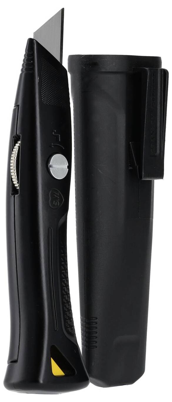 Schwarzes Cuttermesser mit eingezogener Klinge und passender Schutzkappe.