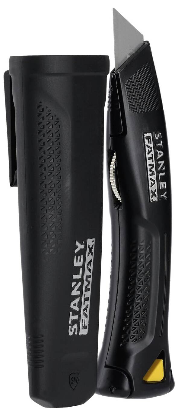 Schwarzes Stanley FatMax Universalmesser mit abnehmbarer Kappe zur Klingensicherung und ergonomischem Griff mit Anti-Rutsch-Oberfläche.