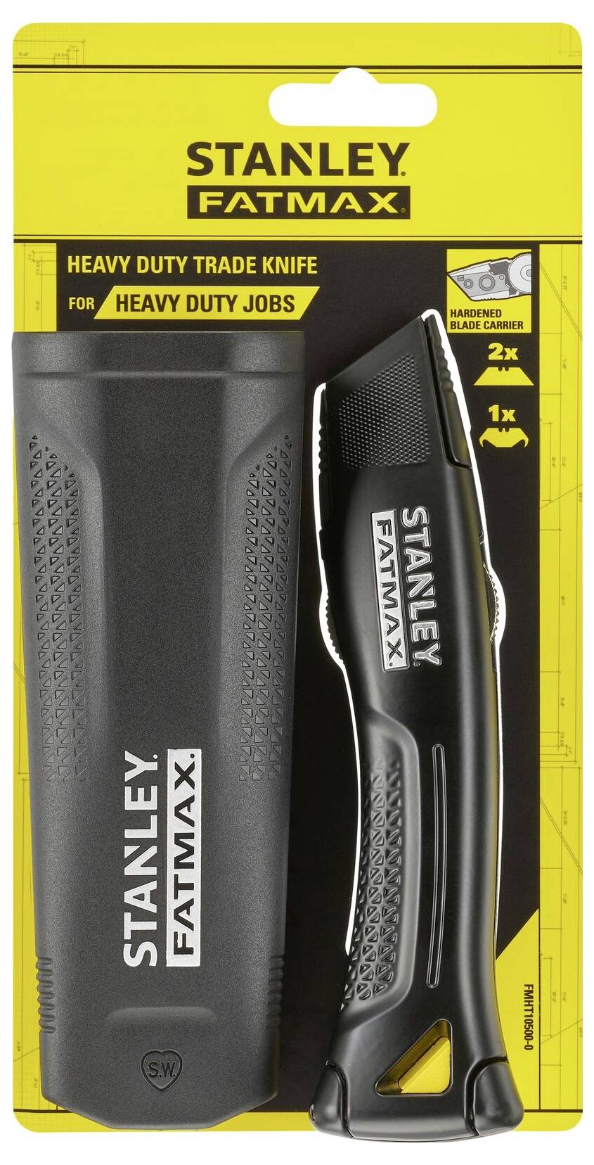 'Stanley FatMax' Sicherheitsmesser-Set in Gelb und Schwarz, beinhaltet Messer und Etui, beschriftet für robuste Anwendungen.