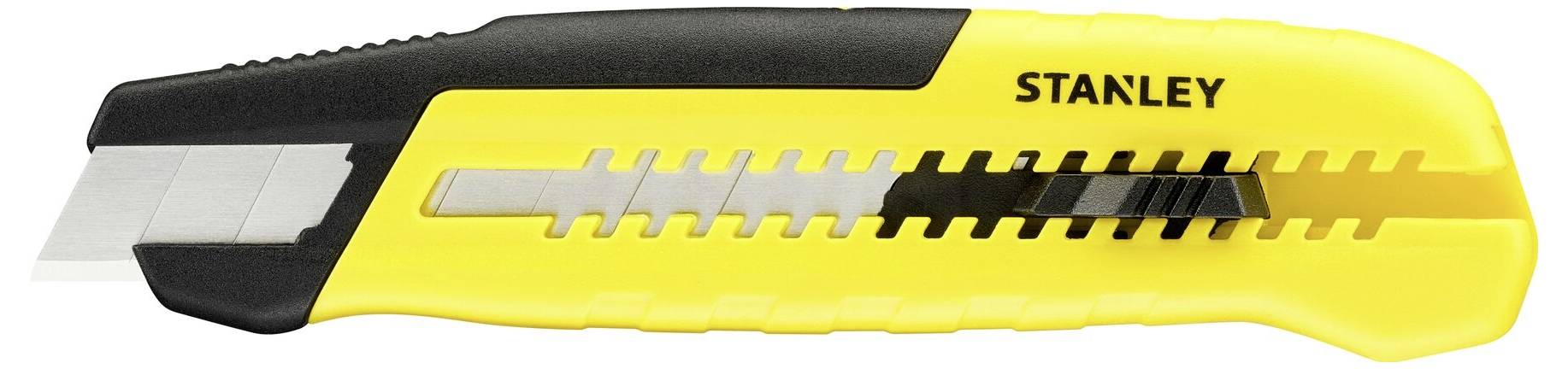 Ein gelbes und schwarzes Cuttermesser mit ausfahrbarer Klinge und dem Markennamen 'Stanley' auf der Seite.