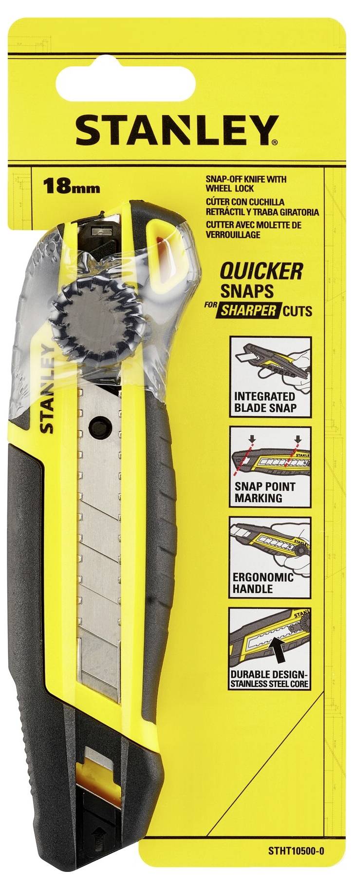 Stanley Cuttermesser mit 18 mm Klinge, integriertem Klingenbrecher, ergonomischem Griff und Sperrfunktion für präzisere Schnitte.