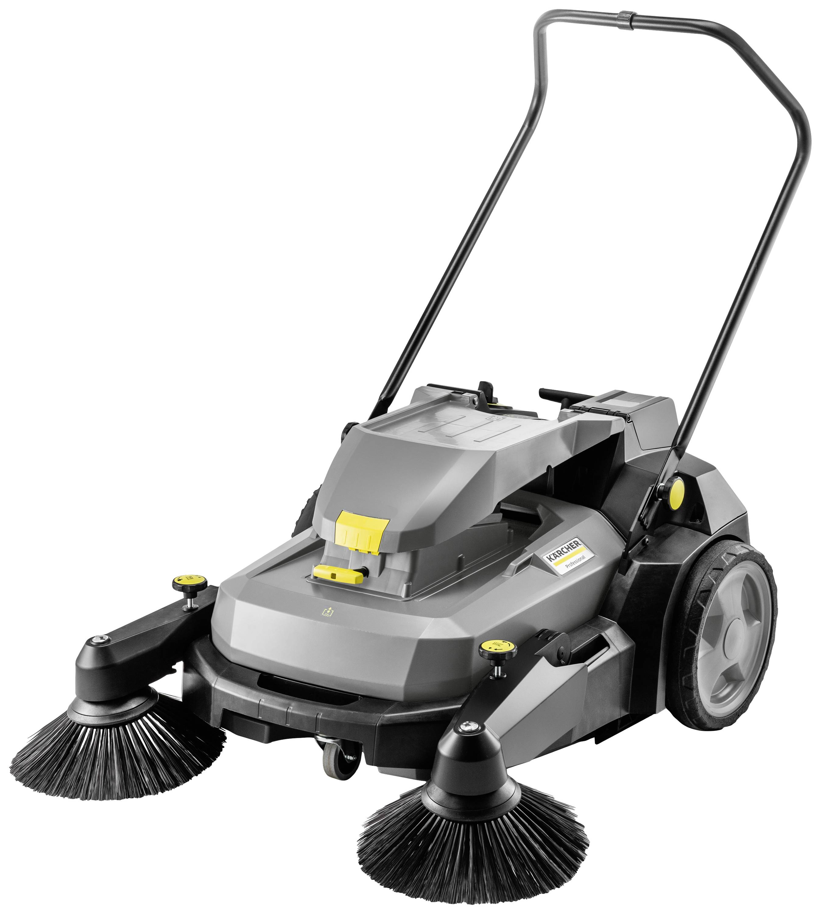 Manuell betriebene Kehrmaschine mit zwei rotierenden Bürsten vorne, großem Schmutzfangbehälter und ergonomischem Griff, ideal für Gehwege.