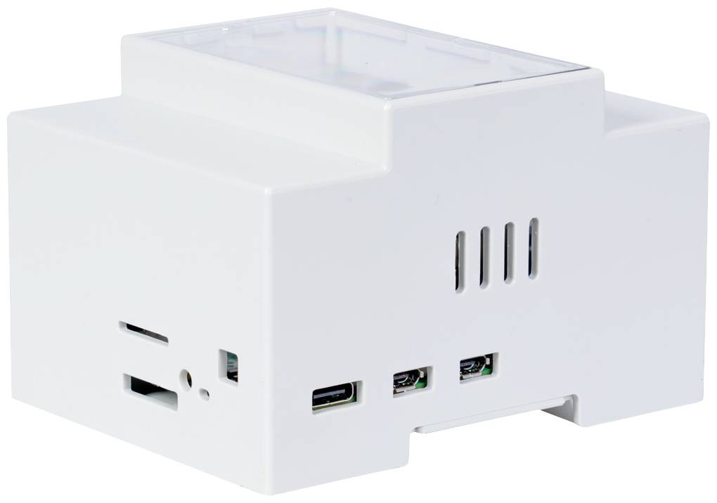 Ein weißes, rechteckiges elektronisches Gerät mit mehreren Anschlüssen an der Seite.