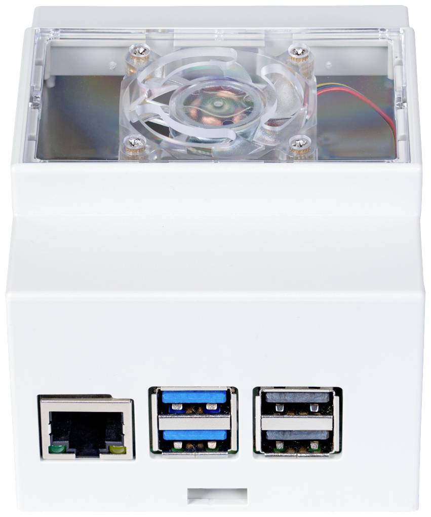 Ein weißes Gehäuse mit offenem Lüfter oben und Anschlüssen vorne: ein Ethernet-Port, zwei USB 3.0-Ports und zwei USB 2.0-Ports.