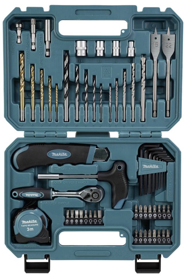 Werkzeugkoffer mit Bohrern, Schraubendrehern, Steckschlüsseln, Maßband und Bits. Ideal für Heimwerker und Reparaturen.