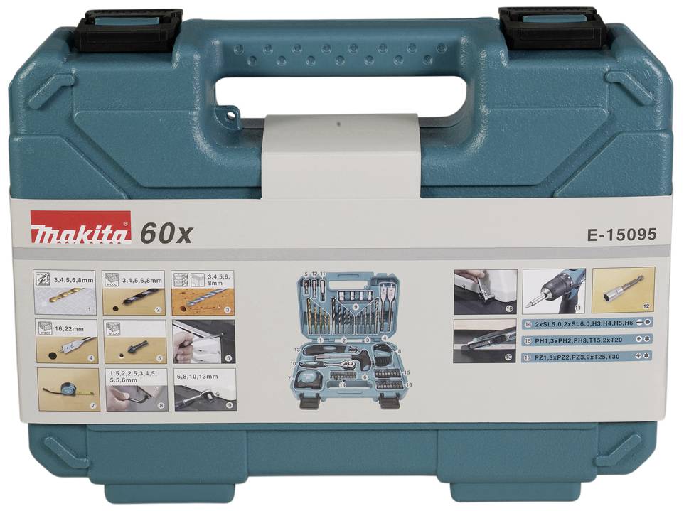 'Makita'-Werkzeugkasten, blau, mit Griff und Verschlüssen, enthält 60-teiliges Bit-Set, Bohrer und Zubehör für verschiedene Anwendungen.