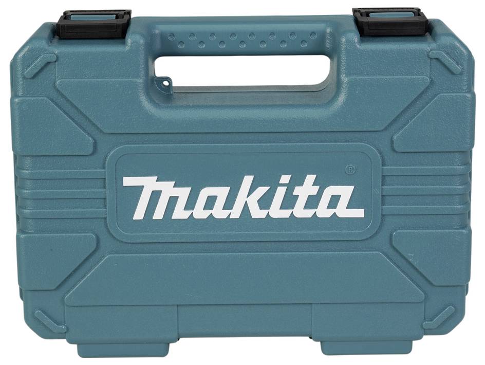 Ein Makita-Werkzeugkoffer aus türkisem Kunststoff mit Griff, auf dessen Vorderseite das Makita-Logo prominent angebracht ist.
