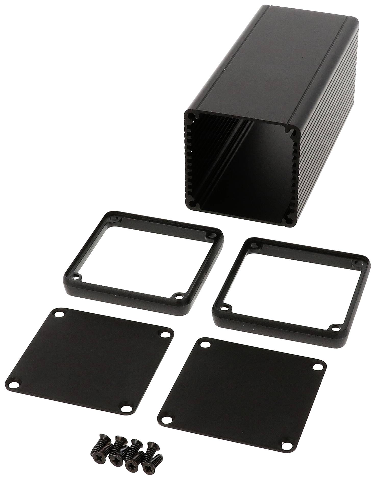 Ein rechteckiges, schwarzes Aluminiumgehäuse mit abnehmbaren Front- und Rückplatten sowie vier kleinen Schrauben, geeignet für Elektronikprojekte.