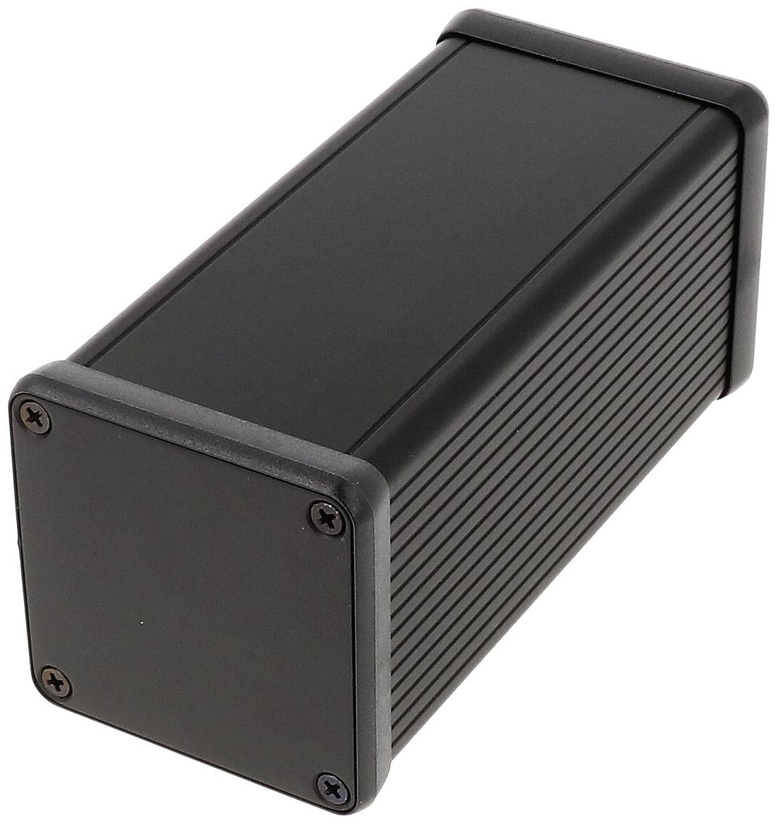 Schwarzes, rechteckiges Aluminium-Gehäuse mit gerippten Seiten und abnehmbarer, verschraubter Frontplatte, geeignet für elektronische Geräte.