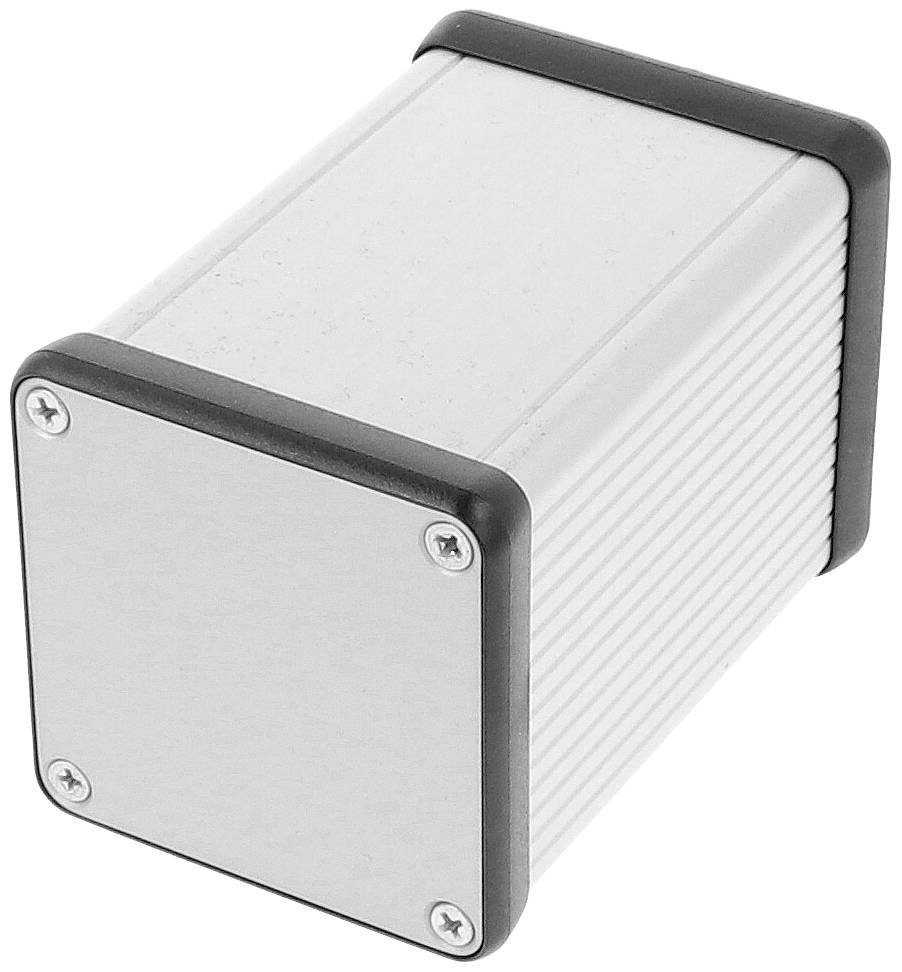 Ein rechteckiges, silbernes Metallgehäuse mit schwarzen Ecken und Schrauben an den sichtbaren Seiten. Es scheint für technischen Gebrauch vorgesehen zu sein.