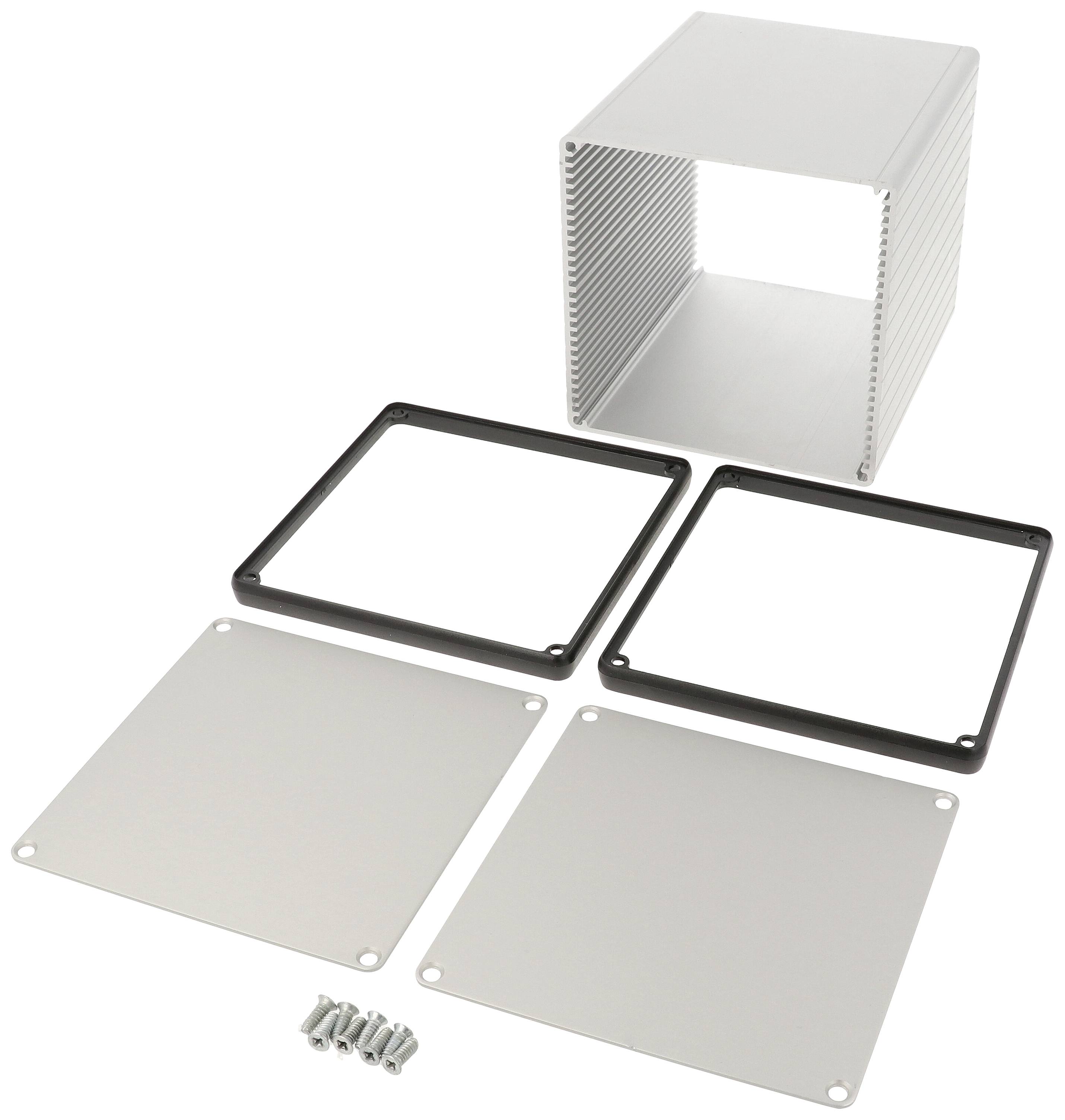 Aluminium-Gehäuse-Set mit zwei Platten, Halterungen und Befestigungsschrauben, geeignet für Elektronikprojekte.